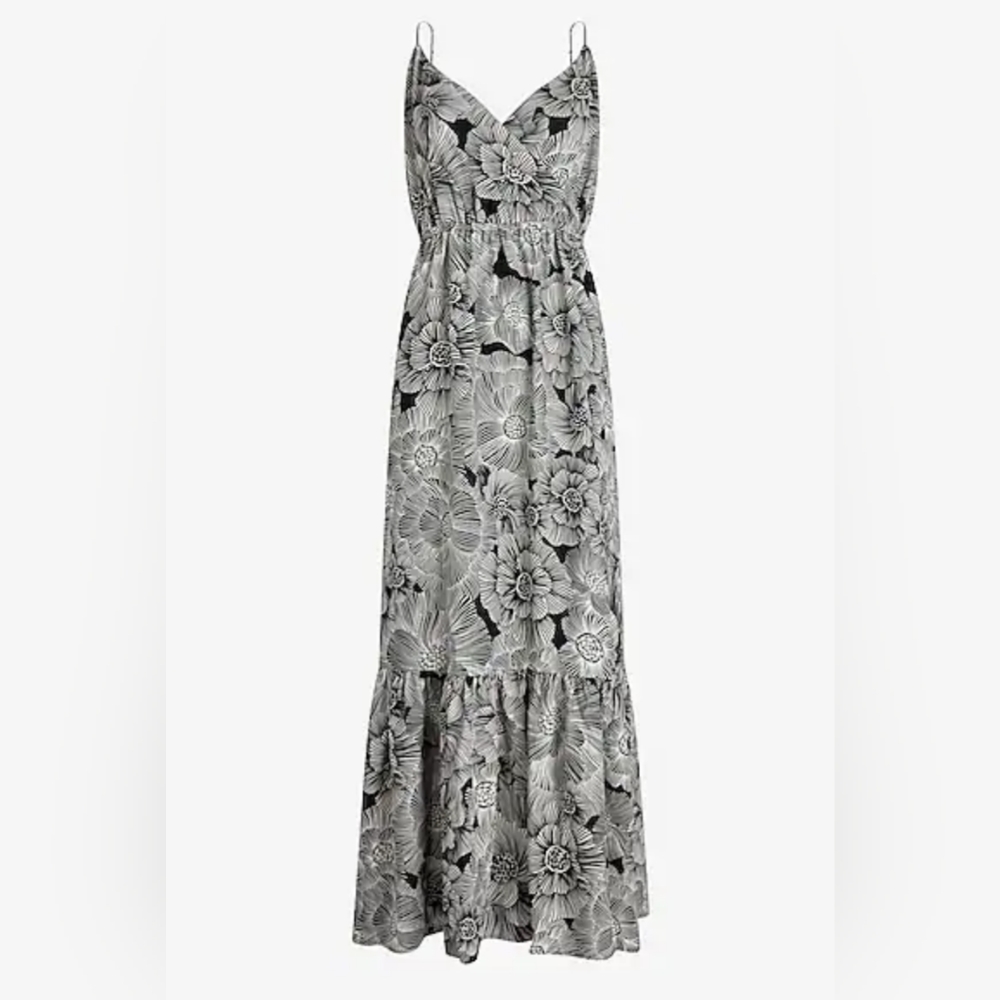 Satin Floral Wrap Front Tiered Maxi Dress